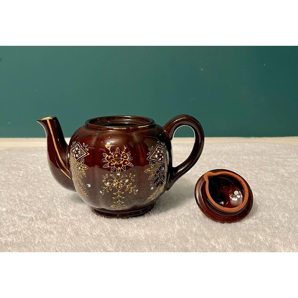 Vintage Moriage Redware Brown Betty Teapot w/ Lid Hand Painted Gold Trim Japan* - Picture 5 of 16